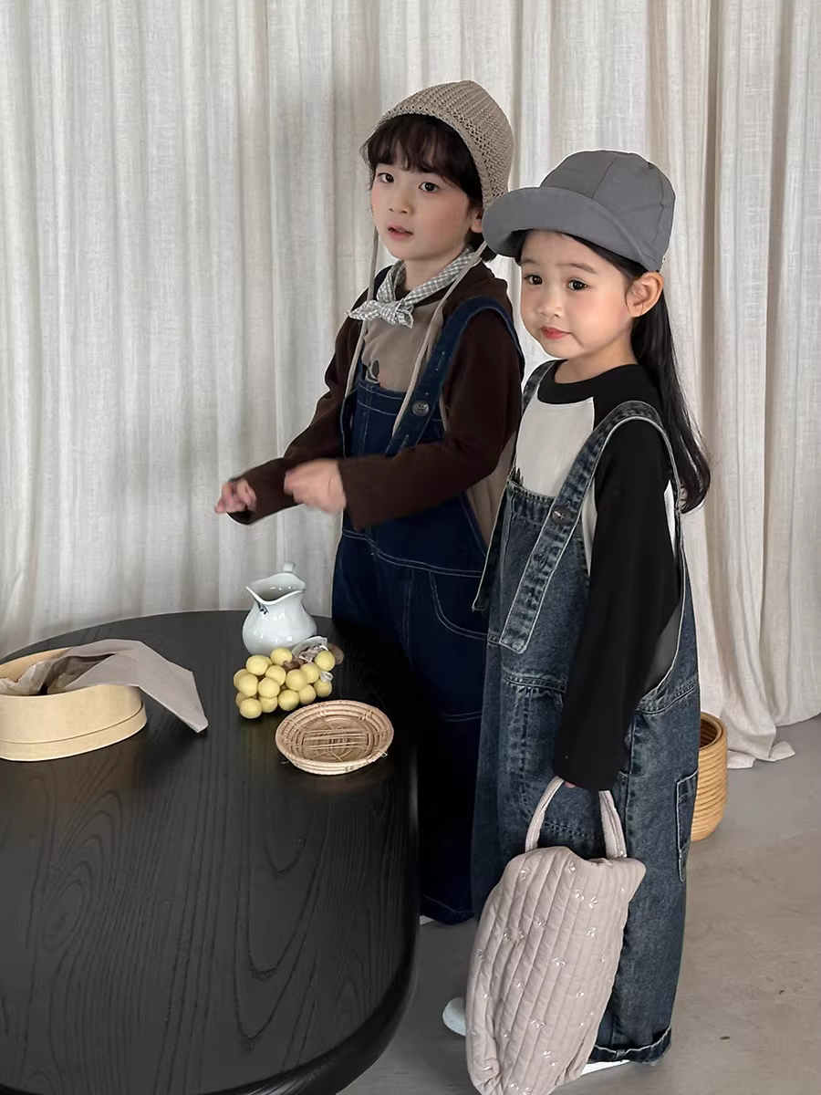 Quần yếm denim cho bé gái mùa thu phong cách Hàn Quốc Bộ áo liền quần trẻ em thẳng quần ống rộng quần dài thông thường quần dài đa năng
