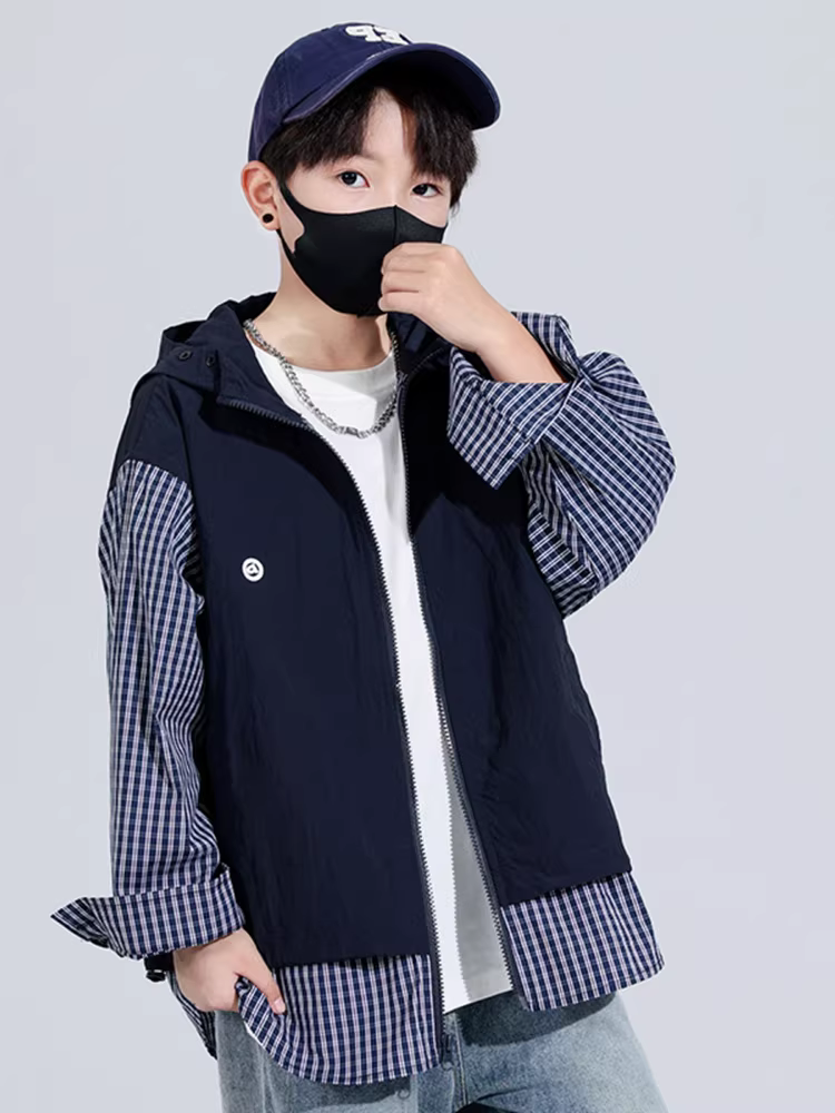 Áo khoác giả hai mảnh chắp vá dành cho bé trai 25 áo khoác có mũ trùm đầu dành cho trẻ em mùa xuân và mùa thu dành cho trẻ lớn hơn có áo kẻ sọc có khóa kéo