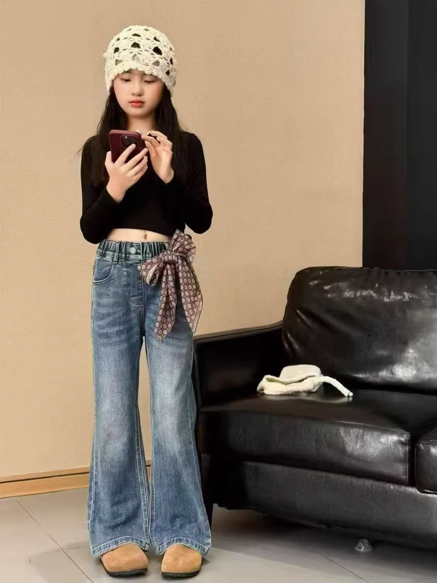 Quần jean nữ ống loe cạp cao ôm dáng, kiểu thu mới 25, thời trang nhỏ nhắn đa năng, quần trẻ em