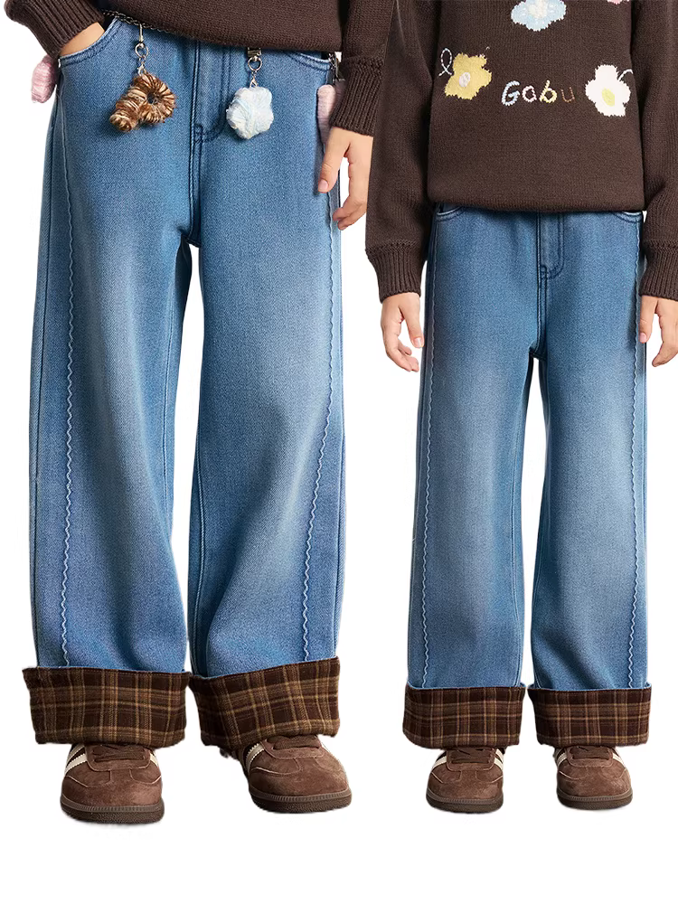 Quần áo trẻ em quần jean bé gái mùa đông lót lông kẻ sọc quần ống đứng 25 kiểu mới quần trẻ lớn tích hợp lông cừu quần thường ngày