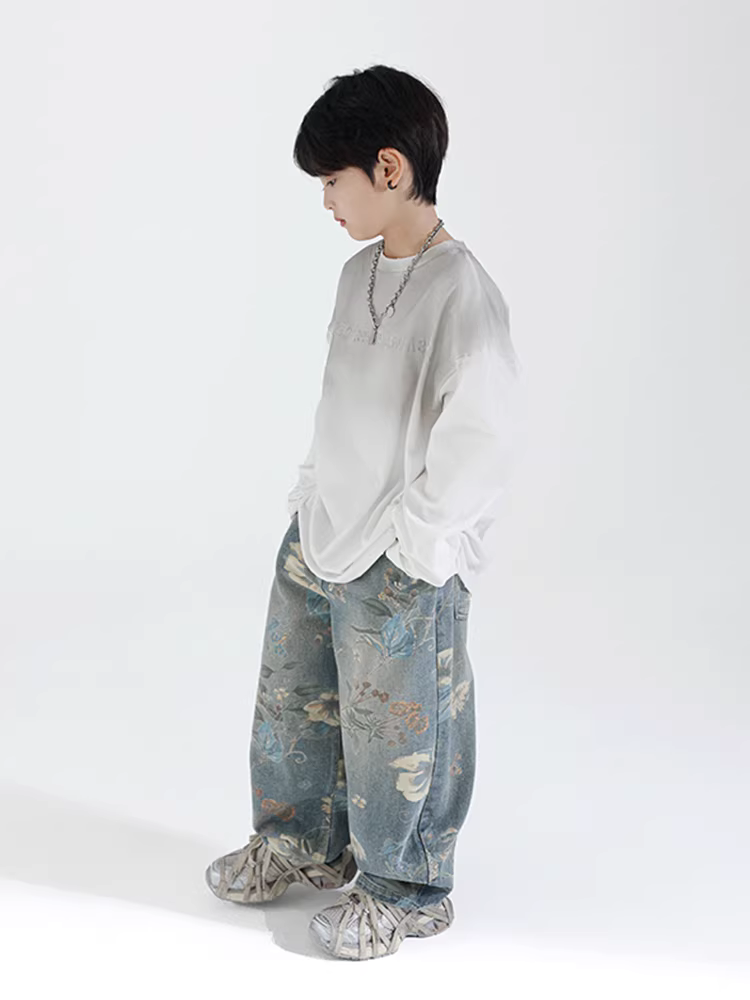 Quần jean bé trai 25 kiểu mới xuân thu quần ống rộng in họa tiết cho bé gái quần ống rộng cỡ vừa và lớn quần dài phù hợp cho cha mẹ và con cái