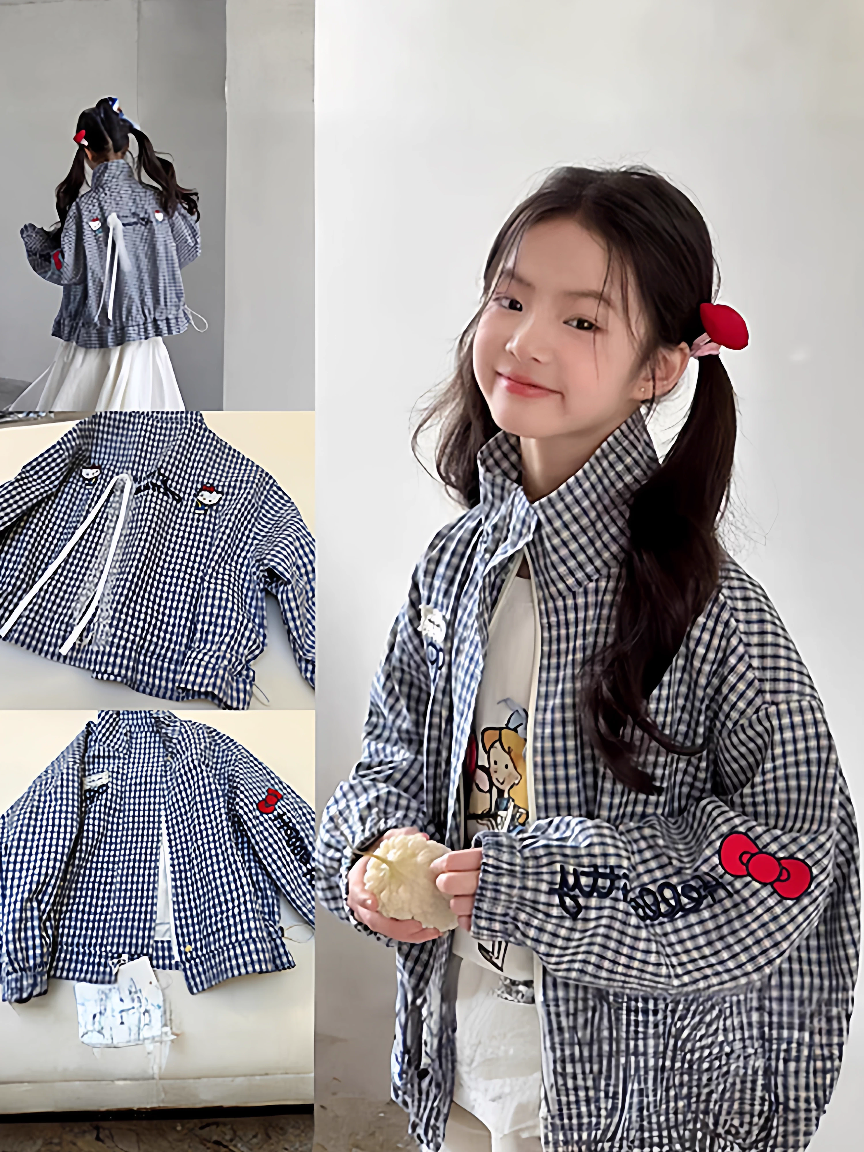 Áo khoác nữ họa tiết ca rô thêu hình mèo KT thời trang thu đông 2025, kiểu dáng đa năng, dành cho trẻ lớn, áo khoác nhỏ nhắn