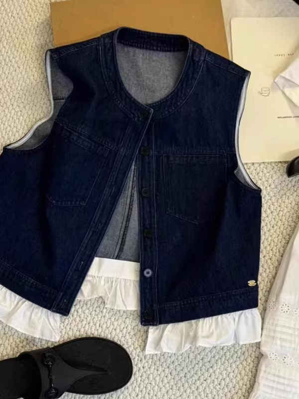 Áo vest denim bé gái xuân hè 2025 kiểu mới, áo không tay trẻ em có viền ren tháo rời ở gấu áo dành cho trẻ lớn hơn