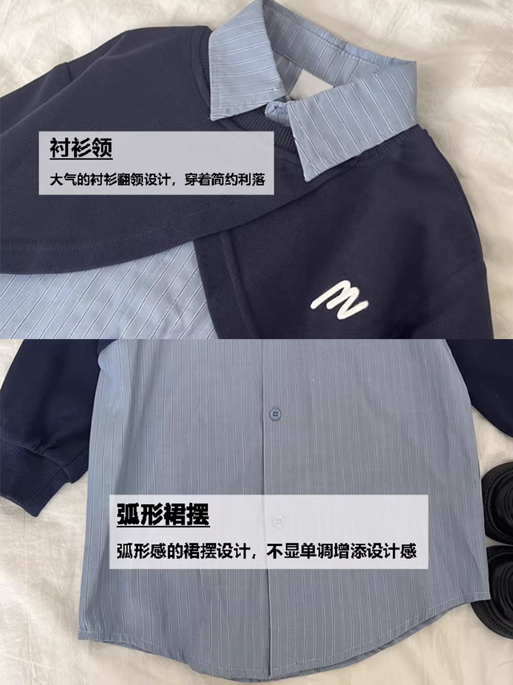 Váy bé gái xuân thu 2025 kiểu mới, áo sơ mi bé trai phối vải giả hai mảnh cho trẻ lớn, áo sơ mi váy, trang phục cha mẹ và con cái