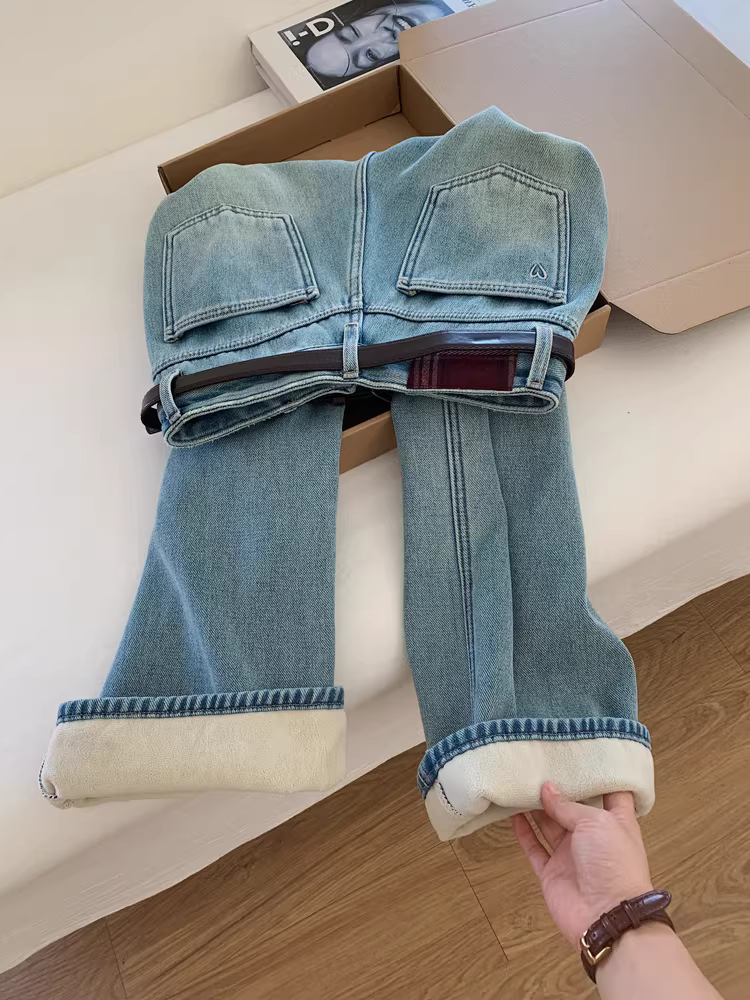 Quần jean ống rộng, chất liệu dày dặn, lót lông cừu cao cấp, màu sáng dành cho nữ, quần dài dáng rộng, phong cách năng động, đa năng và thời trang.