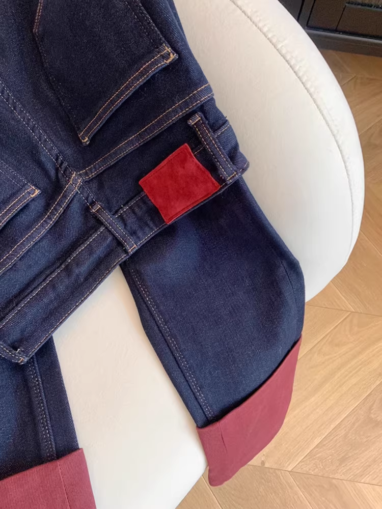 Quần jeans phối màu bo gấu kiểu mới xuân 2025, cạp cao, dáng ôm, ống thẳng dành cho trẻ nhỏ