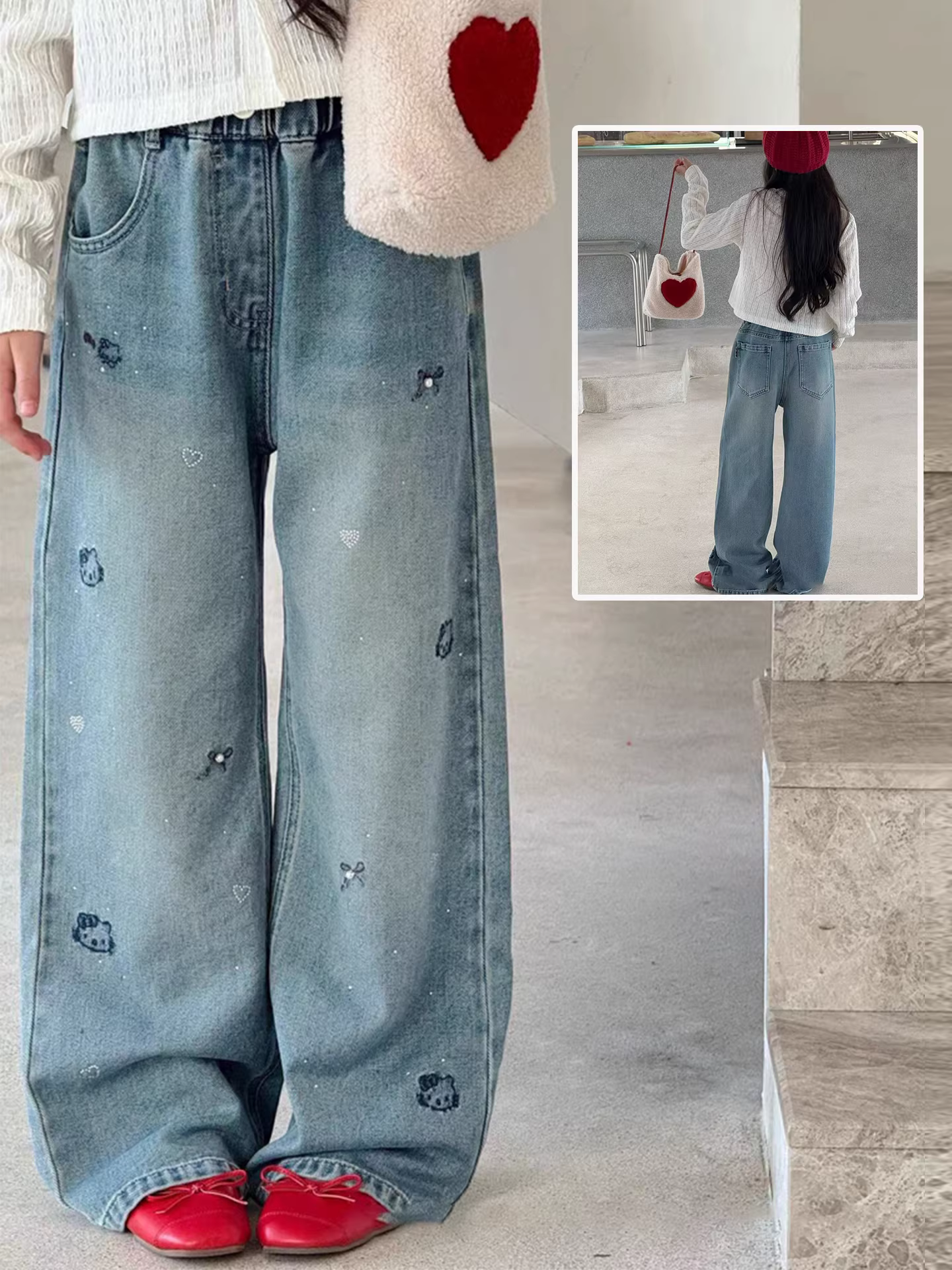 Quần nữ thêu hoạt hình đính đá, quần jean denim, kiểu mới xuân 2025, quần ống đứng ôm dáng, phong cách thường ngày dành cho trẻ lớn.