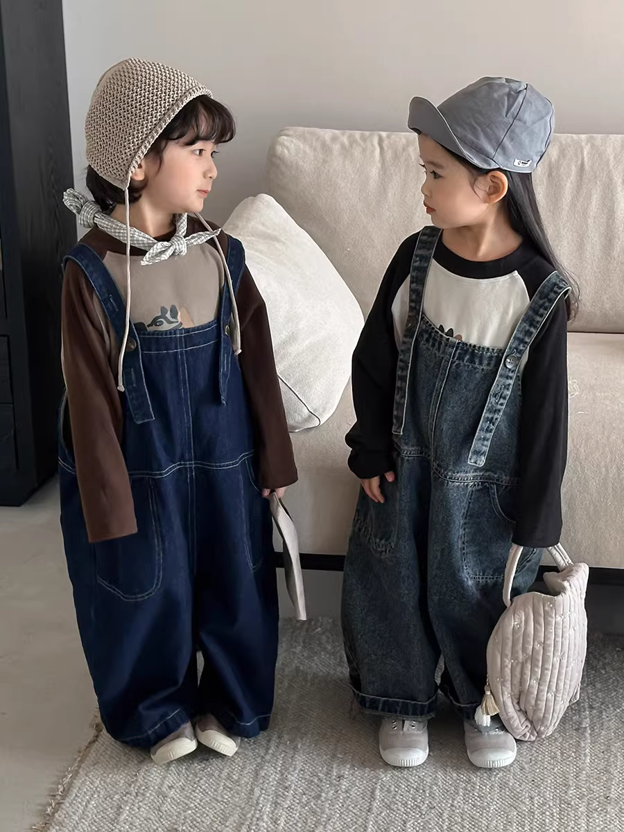 Quần yếm denim cho bé gái mùa thu phong cách Hàn Quốc Bộ áo liền quần trẻ em thẳng quần ống rộng quần dài thông thường quần dài đa năng
