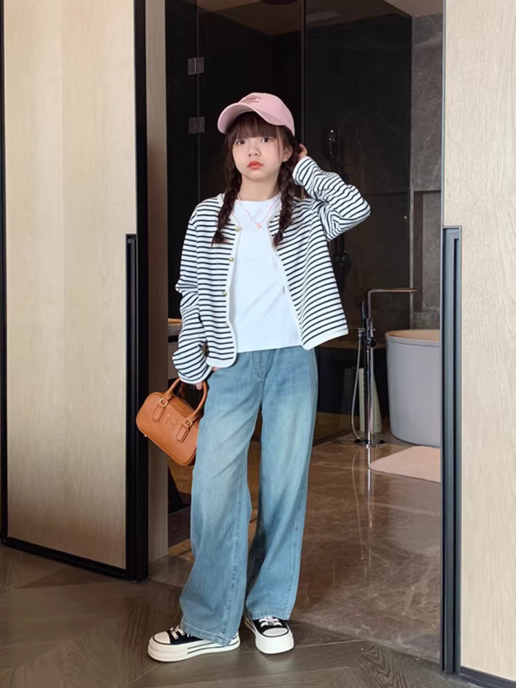 Quần jeans kiểu xuân cho bé gái, quần ống rộng dáng thẳng mới đầu xuân, quần trẻ em lớn tuổi, thời trang xuân thu 2025