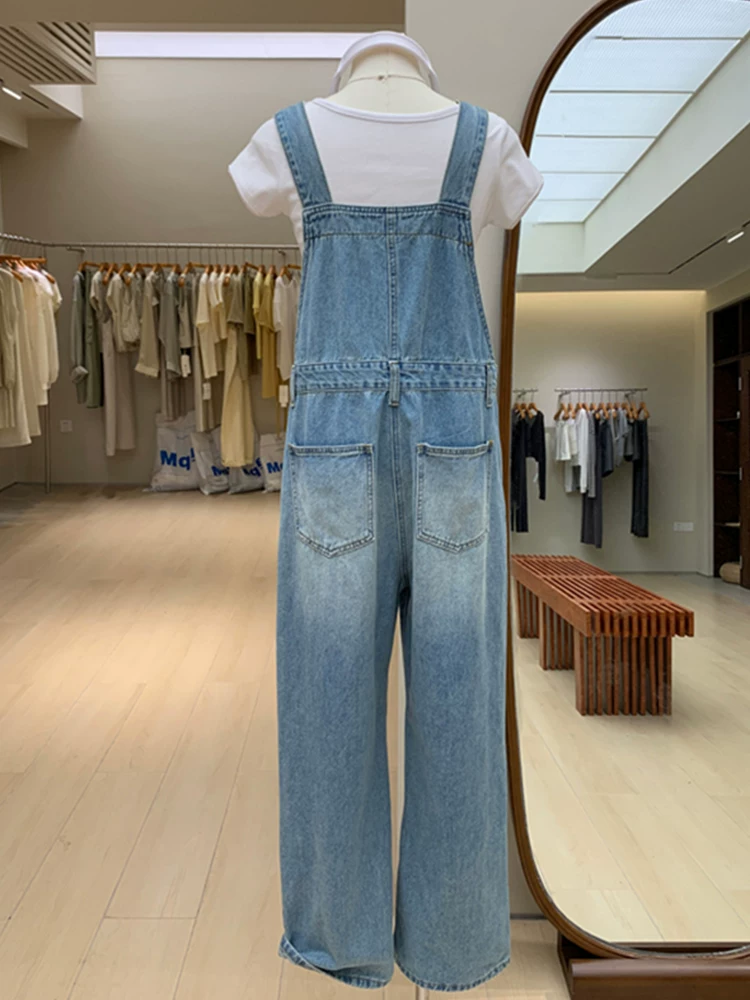 Quần yếm denim màu xanh nhạt cho bé gái, mùa xuân và mùa thu, dáng rộng, quần dài liền thân, quần ống rộng thẳng thường ngày cho trẻ lớn.