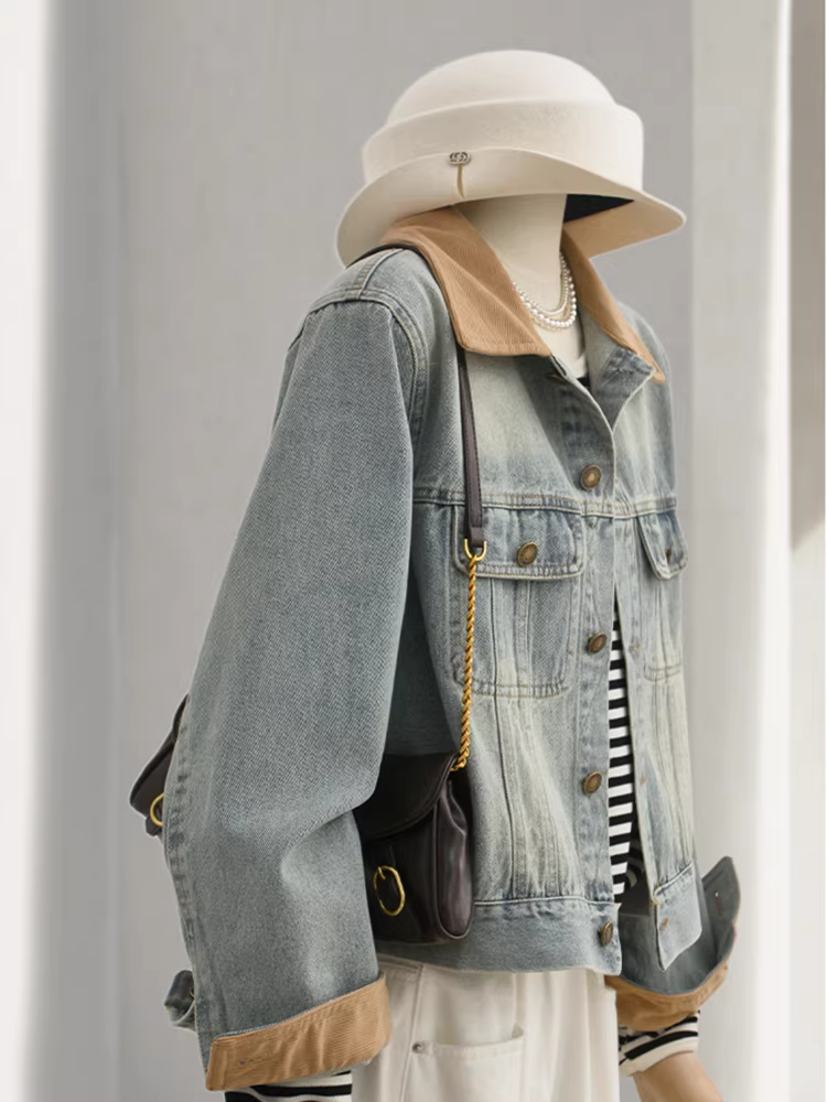Áo khoác denim phối màu phong cách Hồng Kông mùa thu mới dành cho nữ, dáng nhỏ nhắn, kiểu dáng rộng, áo cardigan ngắn tôn dáng