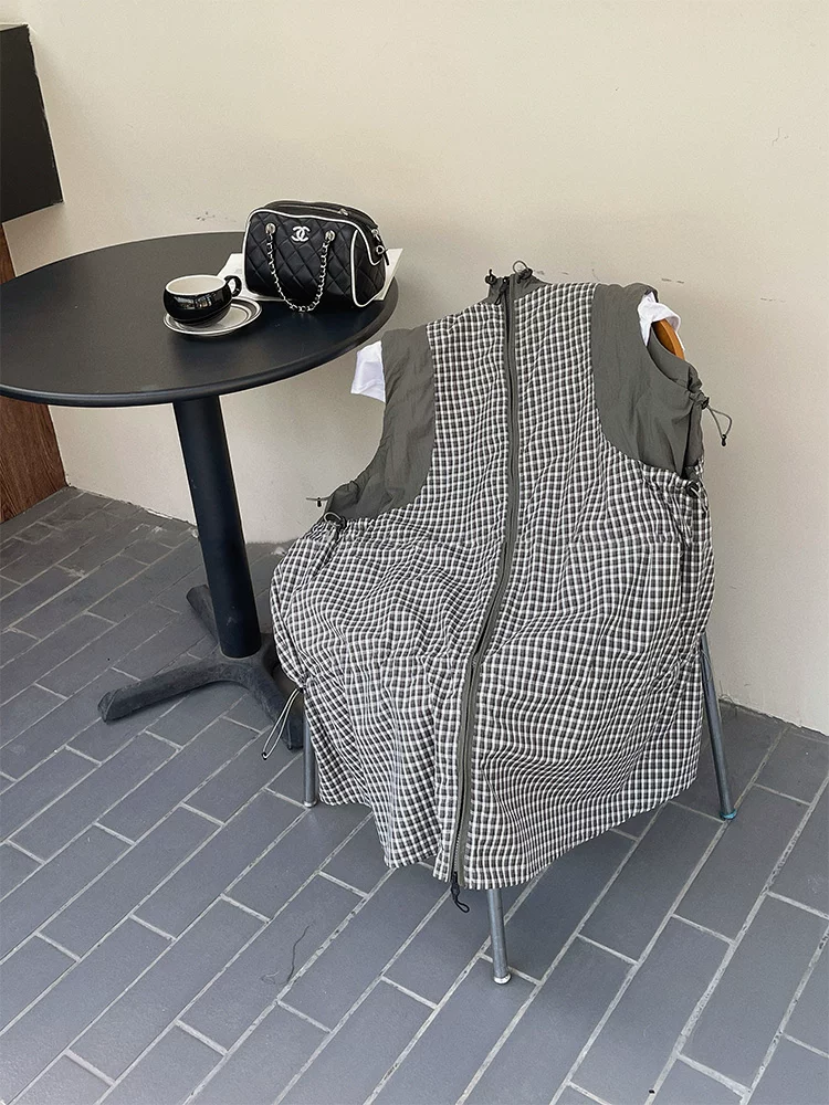 Váy vest kiểu áo khoác chắp vá kẻ sọc dành cho nữ, phong cách mùa hè, áo vest dài phong cách ngoài trời dành cho nữ theo phong cách núi non