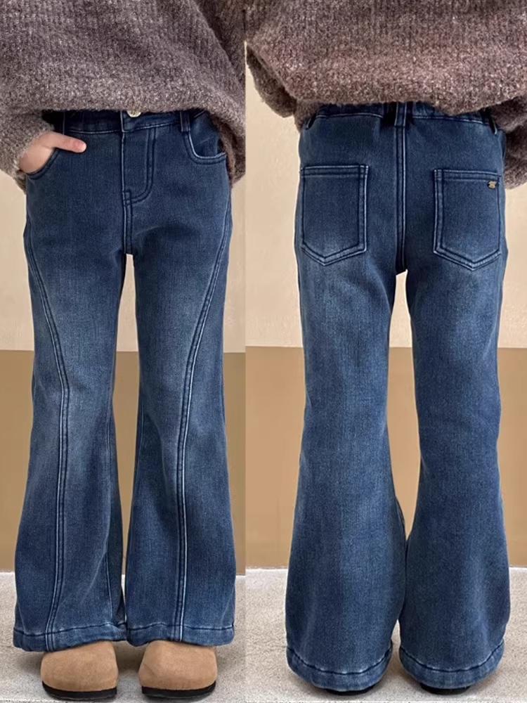 Quần jeans kiểu Hàn Quốc cho trẻ lớn, kiểu mới mùa đông 2025, quần lót lông cừu, quần ống loe lưng cao co giãn cho bé gái, kiểu dáng thời thượng.
