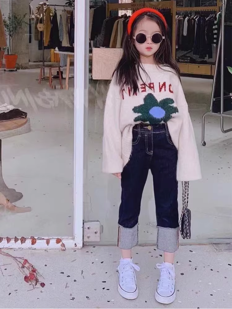 Quần jeans ống đứng phong cách Hàn Quốc cho bé gái mùa xuân 2025, quần dài rộng rãi, thoải mái, chất liệu ngoài trời