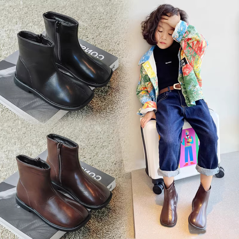 Giày bốt ngắn trẻ em mùa đông 2025 kiểu mới, giày bốt da thật kiểu Anh cho bé gái, giày bốt mùa thu kiểu bé, giày bốt lót bông đôi giữ ấm