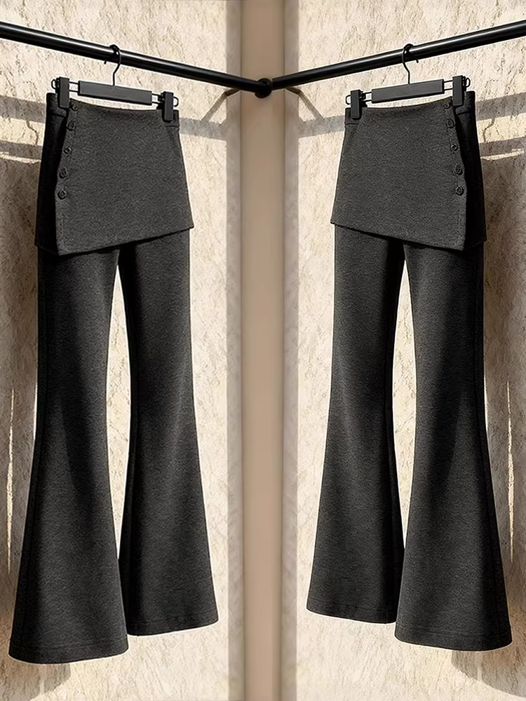 Quần ống loe lưng cao kiểu Hàn Quốc dành cho bé gái, quần thường ngày co giãn lót lông cừu màu xám dành cho trẻ lớn, quần ống chuông ôm dáng siêu dễ thương.