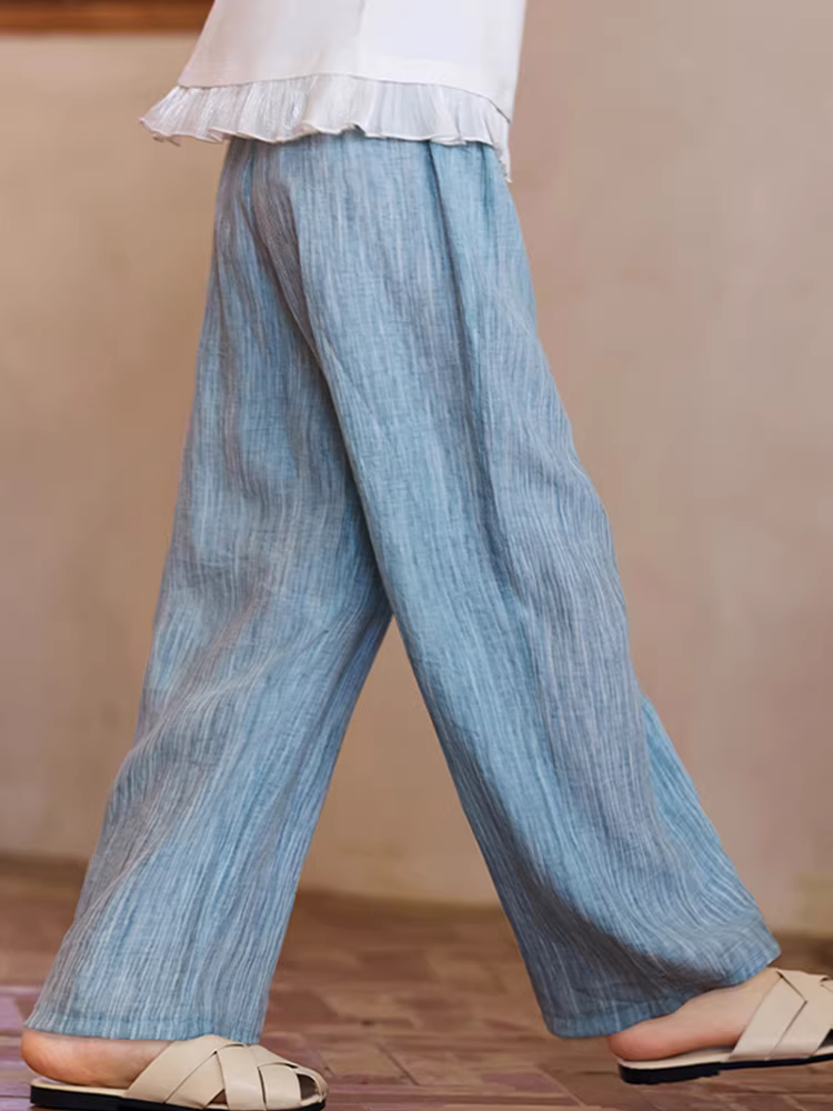 Quần trẻ em mùa xuân hè 2025 kiểu mới, quần ống rộng kẻ sọc dành cho bé gái lớn, quần ống đứng rộng rãi và đa năng