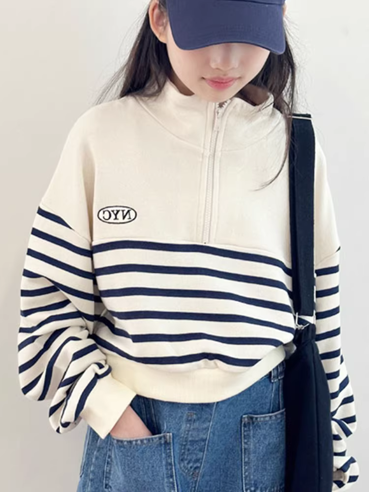 Áo thun nữ bé gái xuân thu 2025, kiểu thể thao sọc, áo kiểu casual, dành cho trẻ lớn, cổ polo nửa khóa kéo, áo lót