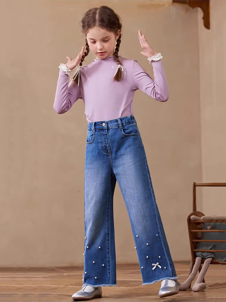 Quần jeans bé gái thu đông 2025 kiểu mới, quần trẻ em dáng thẳng, quần thường ngày, quần ống rộng trẻ em cỡ trung và lớn, quần dài dáng nhỏ nhắn