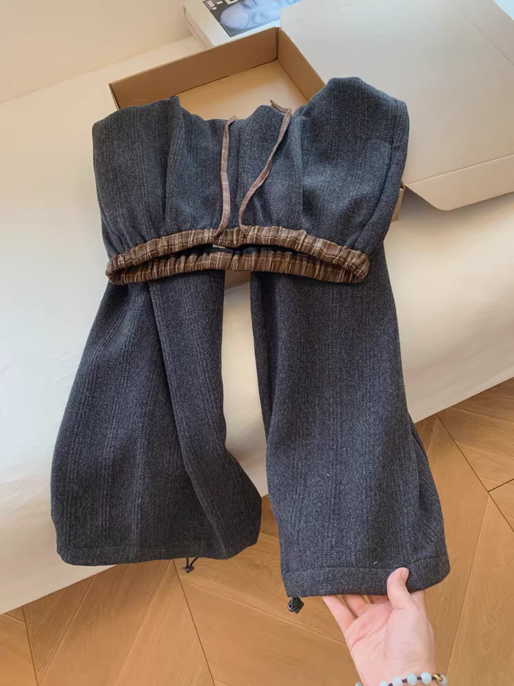 Quần dài ống rộng lưng thun màu xám, kiểu dáng thoải mái, chất liệu nỉ lót lông, phong cách năng động, dành cho nữ, mùa thu đông, quần dài nữ, quần trẻ em.