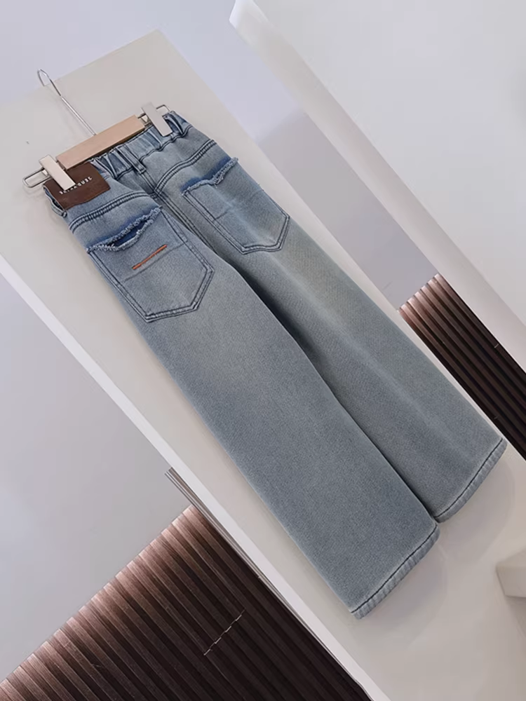 Quần jean lót lông cừu ống thẳng dành cho nữ, quần có túi viền sờn phong cách Hàn Quốc giản dị mùa thu đông, quần ấm tích hợp lông cừu