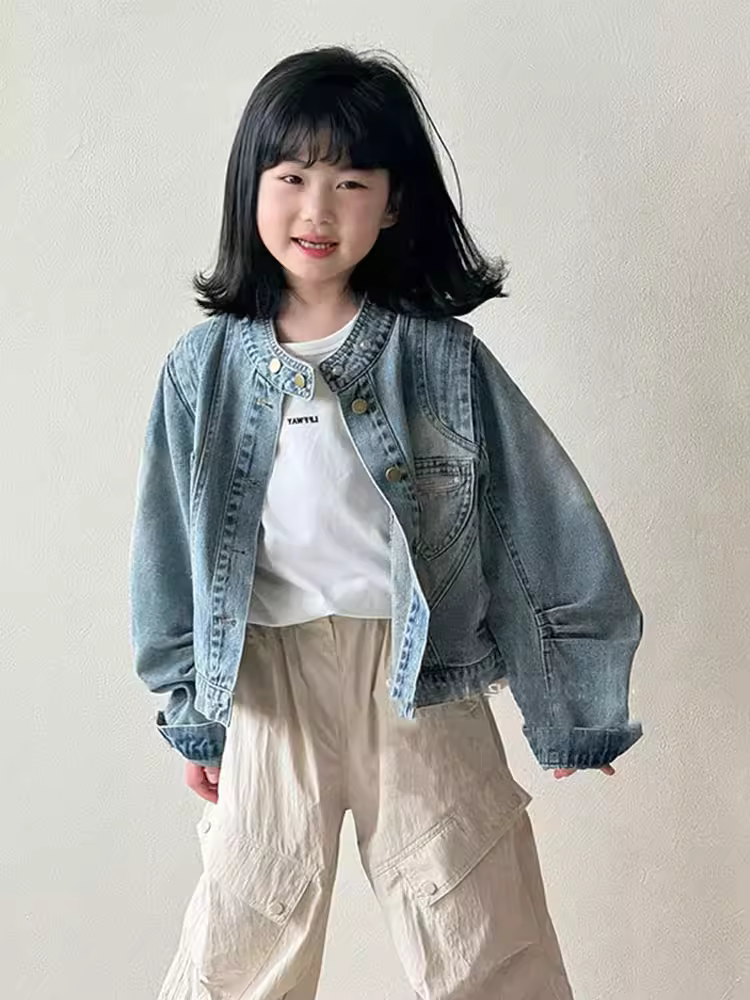 Áo khoác bóng chày mùa xuân cho trẻ em, áo khoác denim cho bé gái, mùa xuân 2025, quần áo denim thời trang cho bé gái lớn.
