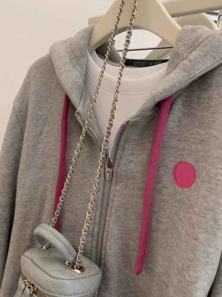 Áo khoác nỉ có mũ màu xám mùa xuân thu cho nữ 2025 kiểu dáng mới, dáng rộng, phong cách lười biếng, kiểu cardigan có khóa kéo