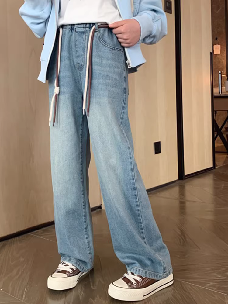 Quần jeans kiểu xuân cho bé gái, quần ống rộng dáng thẳng mới đầu xuân, quần trẻ em lớn tuổi, thời trang xuân thu 2025