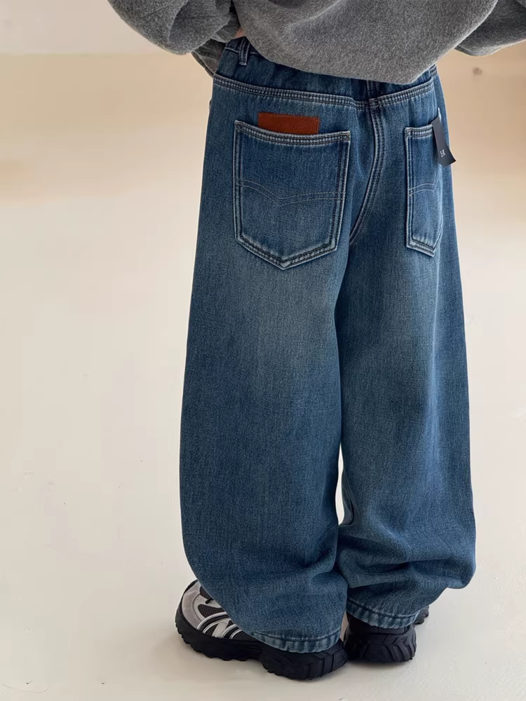 Quần jean lót lông đa năng cho bé trai mùa đông 2025 kiểu Hàn Quốc, quần ống rộng cho trẻ lớn hơn, quần ống rộng cho bé gái