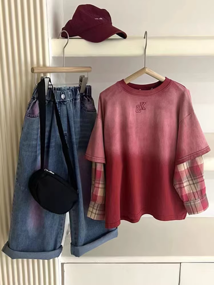 Áo thun dài tay phối màu giả hai lớp phong cách Hàn Quốc Xuân Thu 2025 dành cho bé trai và bé gái, kiểu dáng dành cho bố mẹ và con, chất liệu dùng làm lớp lót cho trẻ lớn hơn