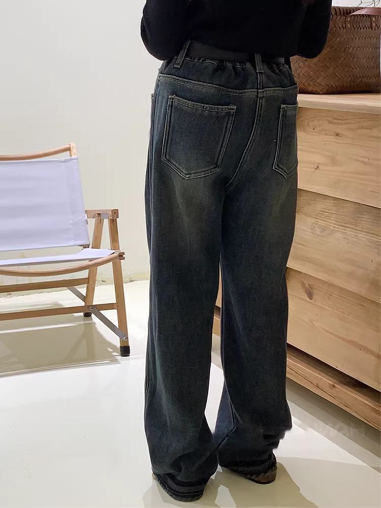 Quần nỉ lót lông cừu cho bé gái mùa đông 2025 kiểu dáng mới thời trang tích hợp lớp lông cừu quần ống rộng thẳng cho bé gái quần bò trẻ em