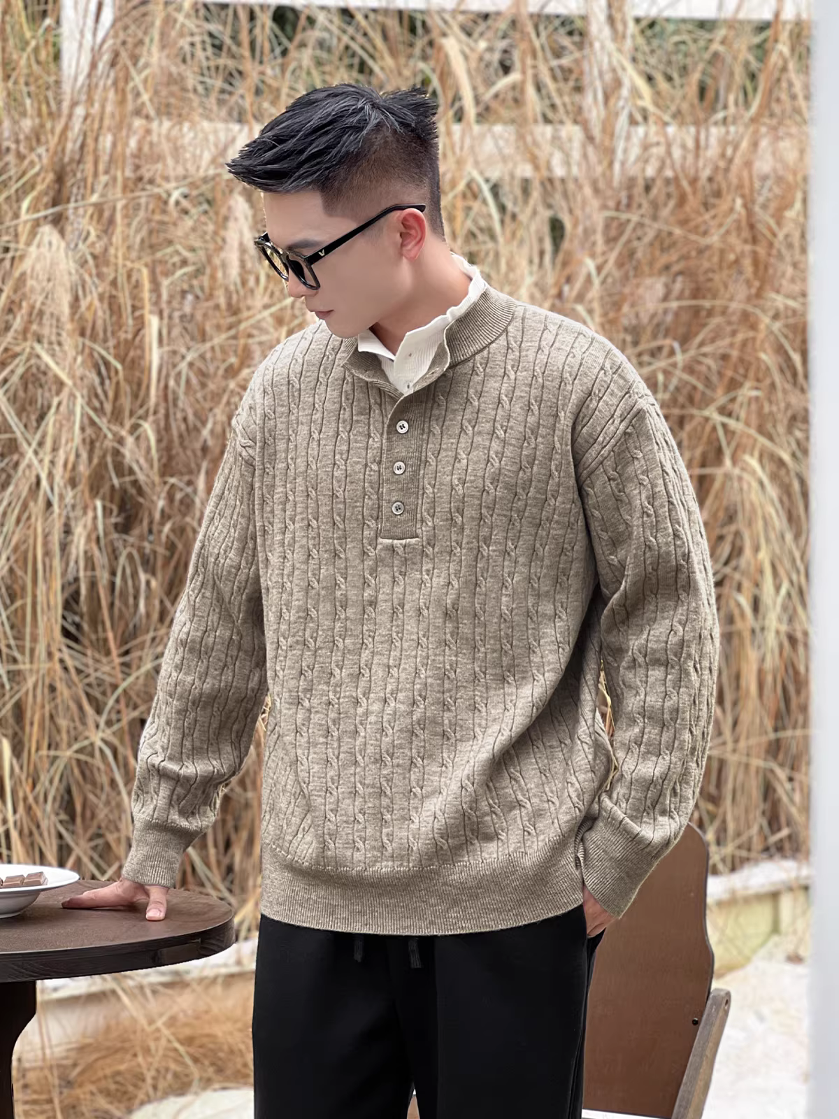 Áo len nam thu đông kiểu dáng cổ điển Henry, phối giả hai lớp, chất liệu len dệt kim, giữ ấm