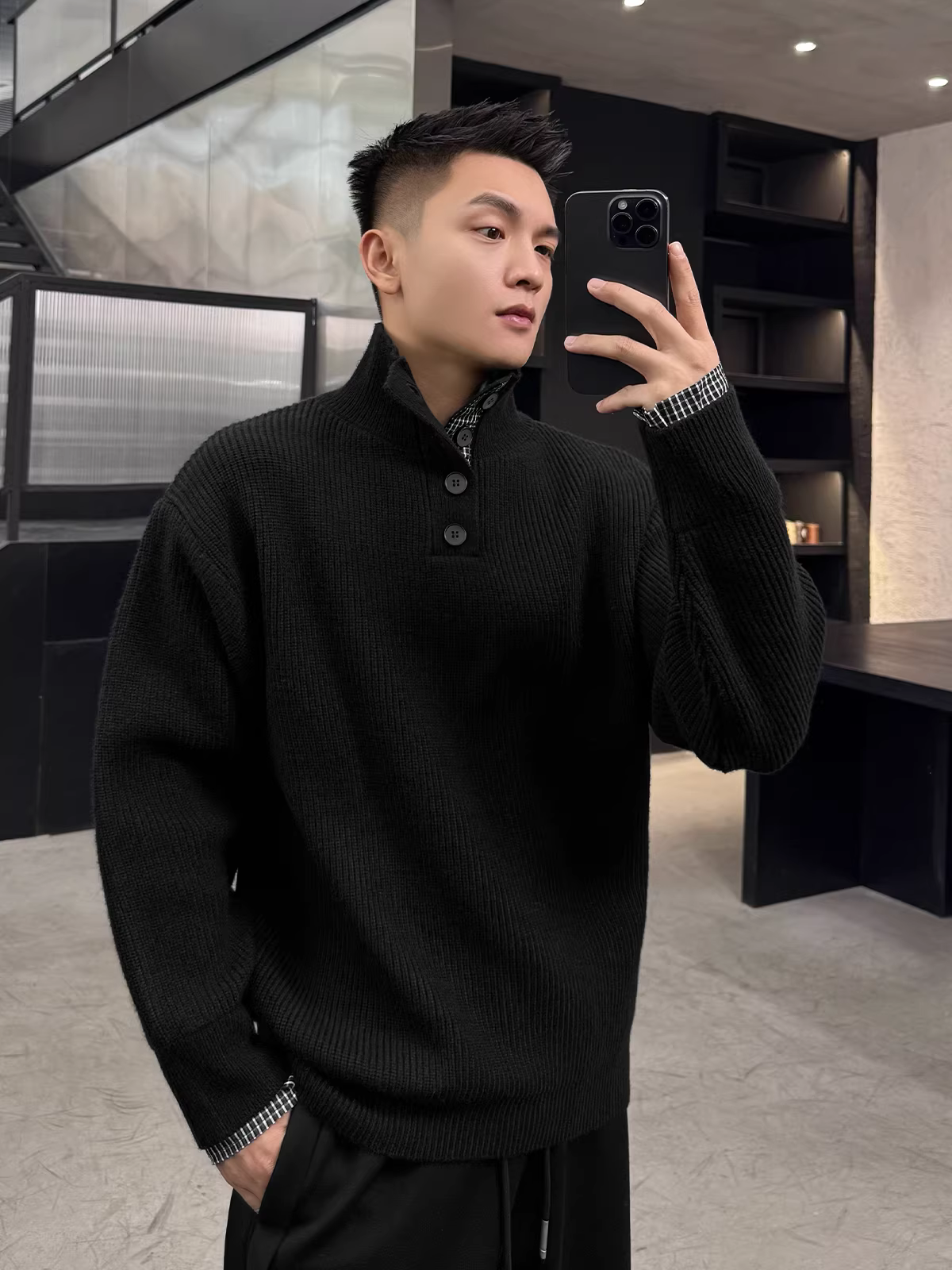 Trang phục mùa đông số 22: áo len dệt kim dày dặn ấm áp, kiểu dáng lười biếng, áo len dài tay, lớp lót cho nam.