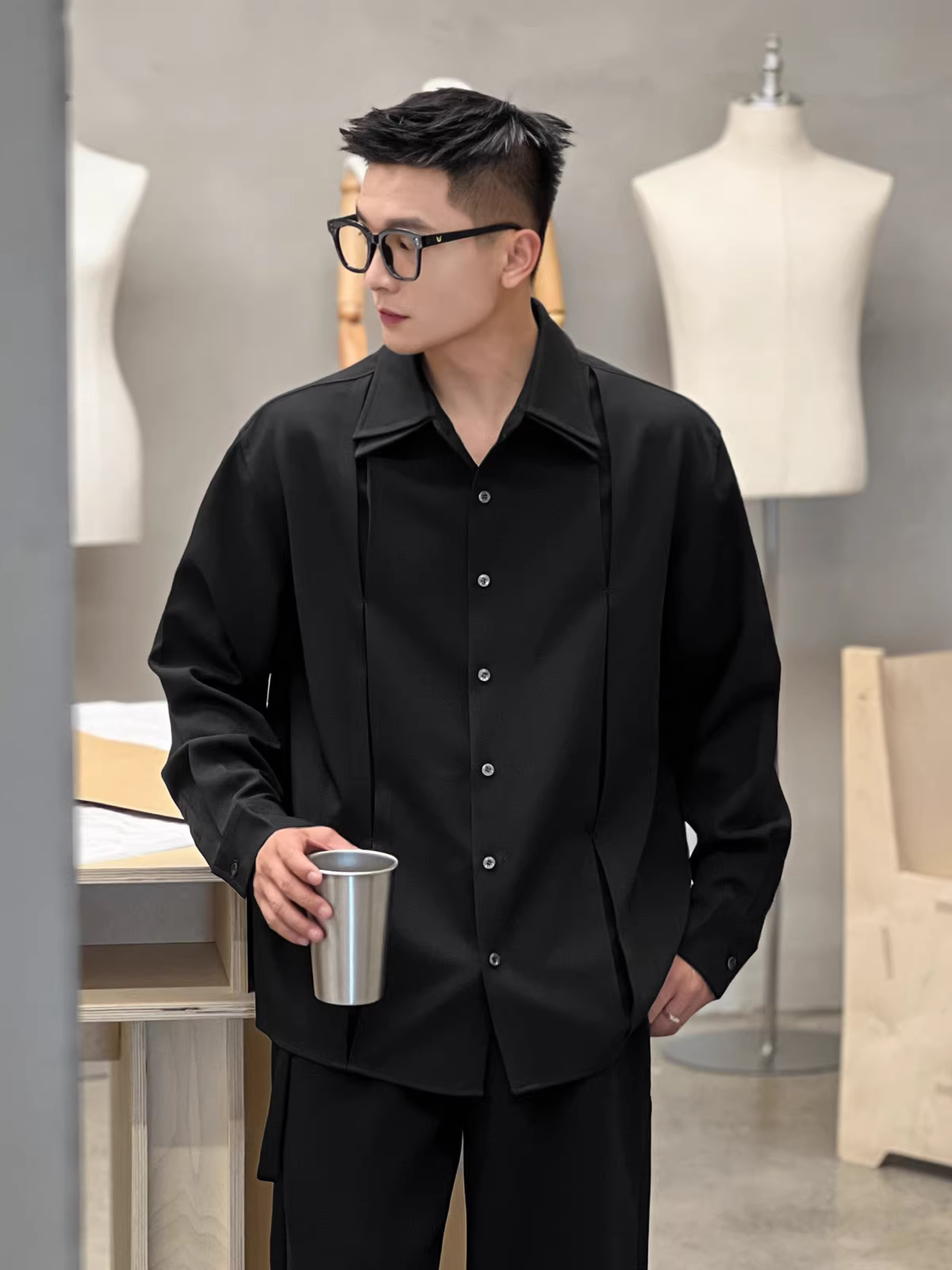 Trang phục số 22: Áo sơ mi nam thiết kế cổ đôi độc đáo, mùa thu đông, áo sơ mi dài tay cá tính và phong cách, mang lại cảm giác cao cấp.