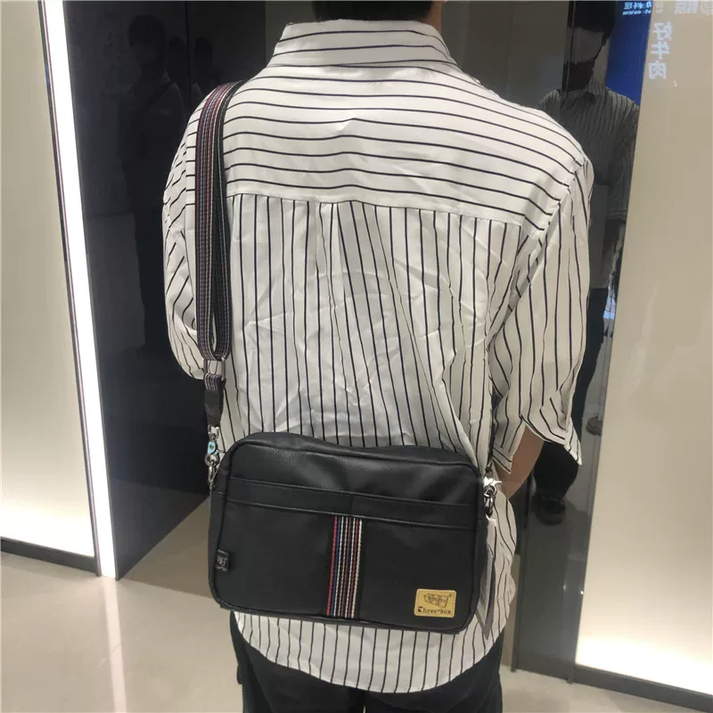Túi đeo chéo ba ngăn kiểu Nhật Bản, họa tiết sọc, phong cách giản dị, có dây ruy băng, túi đeo vai nam, phong cách hip-hop, ngoài trời, có khóa kéo, unisex