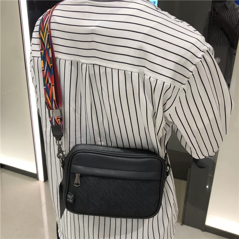 Túi đeo chéo nam sọc thời trang Nhật Bản và Hàn Quốc ba ngăn, phong cách hip-hop, unisex, chất liệu PU thời trang