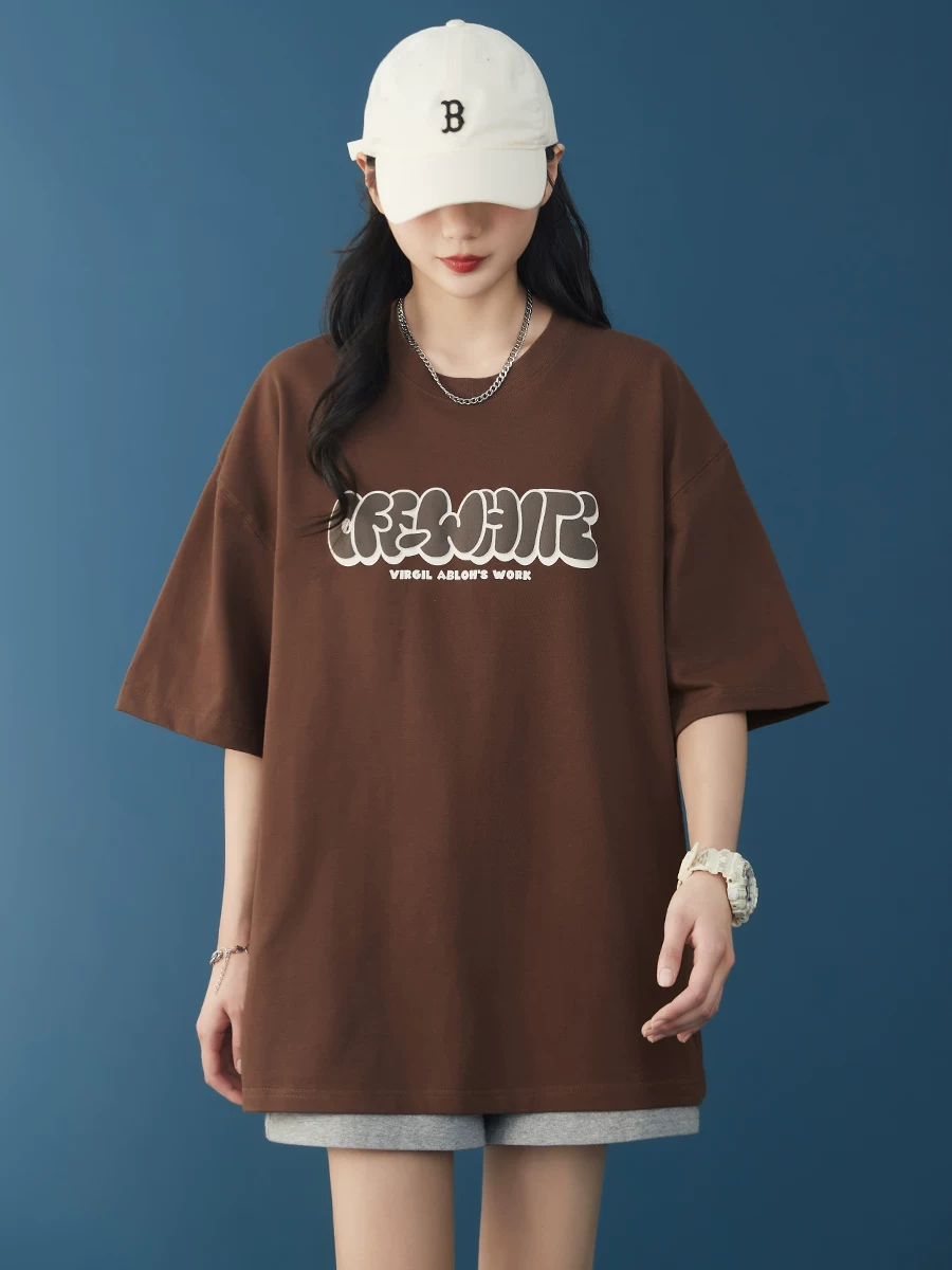 Áo thun nữ tay ngắn kiểu dáng rộng, in chữ retro Mỹ, chất liệu cotton nguyên chất sợi đôi dày dặn, kiểu dáng unisex BF.