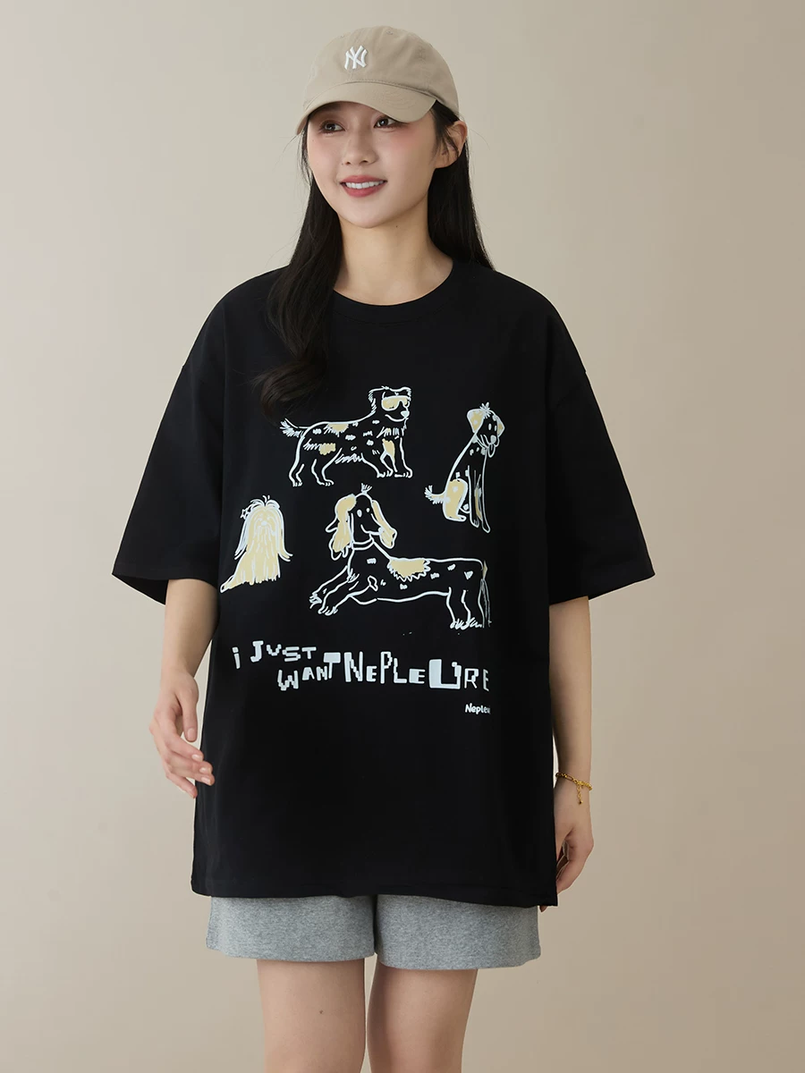 Áo thun nữ tay ngắn mùa hè 2025 họa tiết chó con hoạt hình trắng đen 260g cotton nguyên chất dáng rộng phong cách casual
