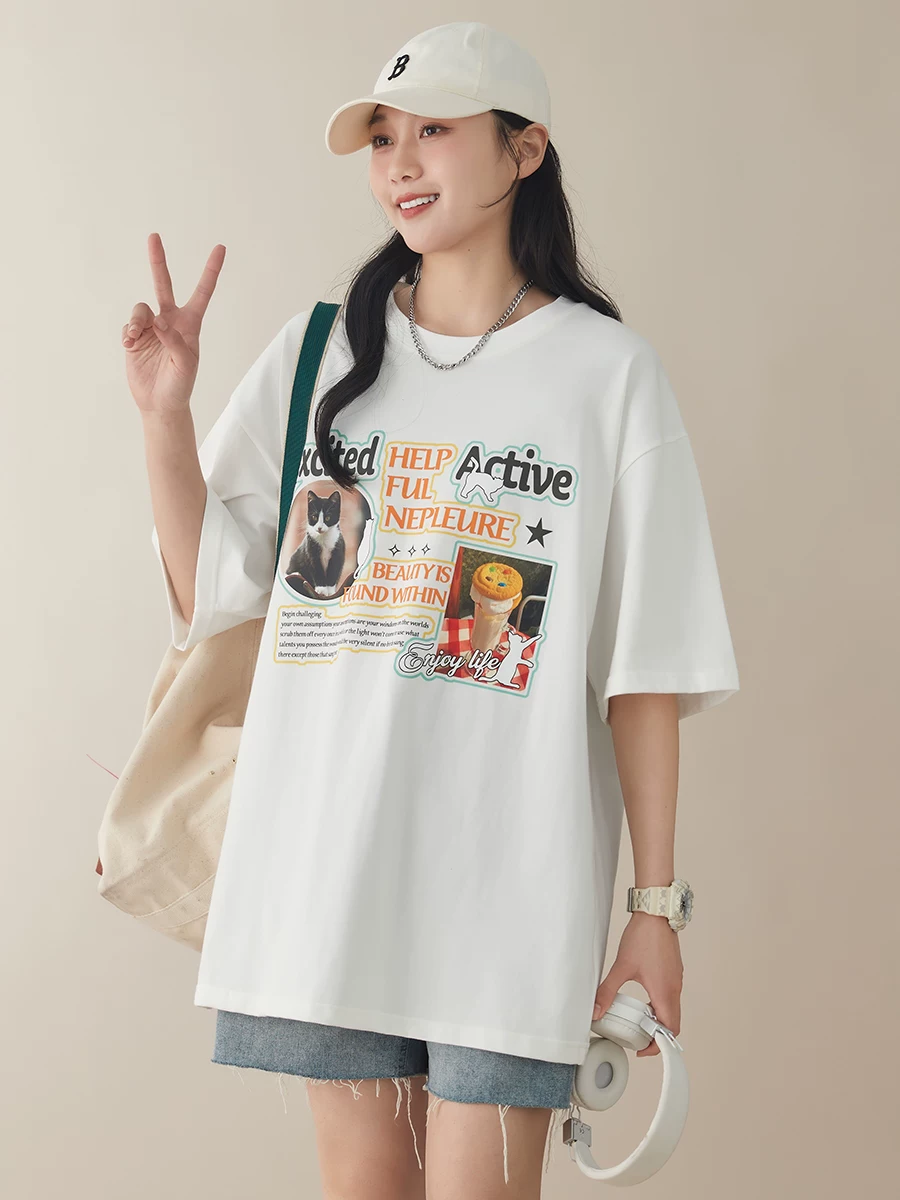 22/4 sản phẩm mới Áo thun ngắn tay dáng rộng in họa tiết phong cách Hàn Quốc bằng cotton nguyên chất