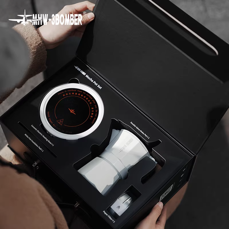 Bộ pha cà phê Moka MHW Bomber hai van, hộp quà tặng, ấm pha cà phê Espresso Ý, quà tân gia, quà lưu niệm, quà tặng