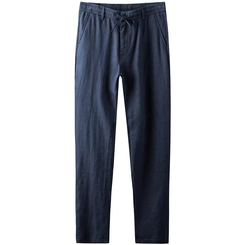 Quần vải lanh mùa hè dành cho nam, quần dài lưng thun thêu chữ, quần cotton-lanh dáng rộng thẳng mỏng