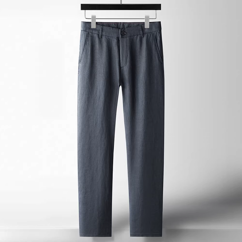 Quần vải lanh nam kiểu mới mùa hè, quần dài thẳng dáng công sở thêu chữ B, rộng rãi, thoáng mát và mỏng nhẹ.