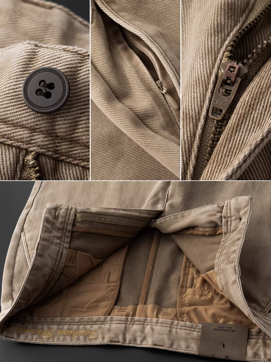 Quần âu nam chất liệu cotton 100% dày dặn, bền bỉ, kiểu dáng retro Mỹ, vải tuýt dày, giặt mềm, dáng thẳng, rộng rãi và dày.