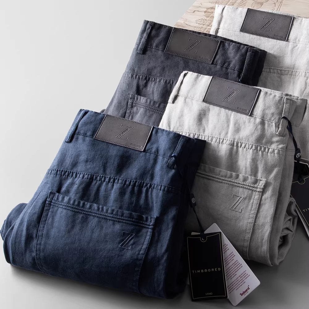 Quần vải lanh nguyên chất mới mùa hè 2023 dành cho nam, quần dài kiểu dáng thẳng chân công sở có năm túi, nhẹ, thoáng khí và mát mẻ.