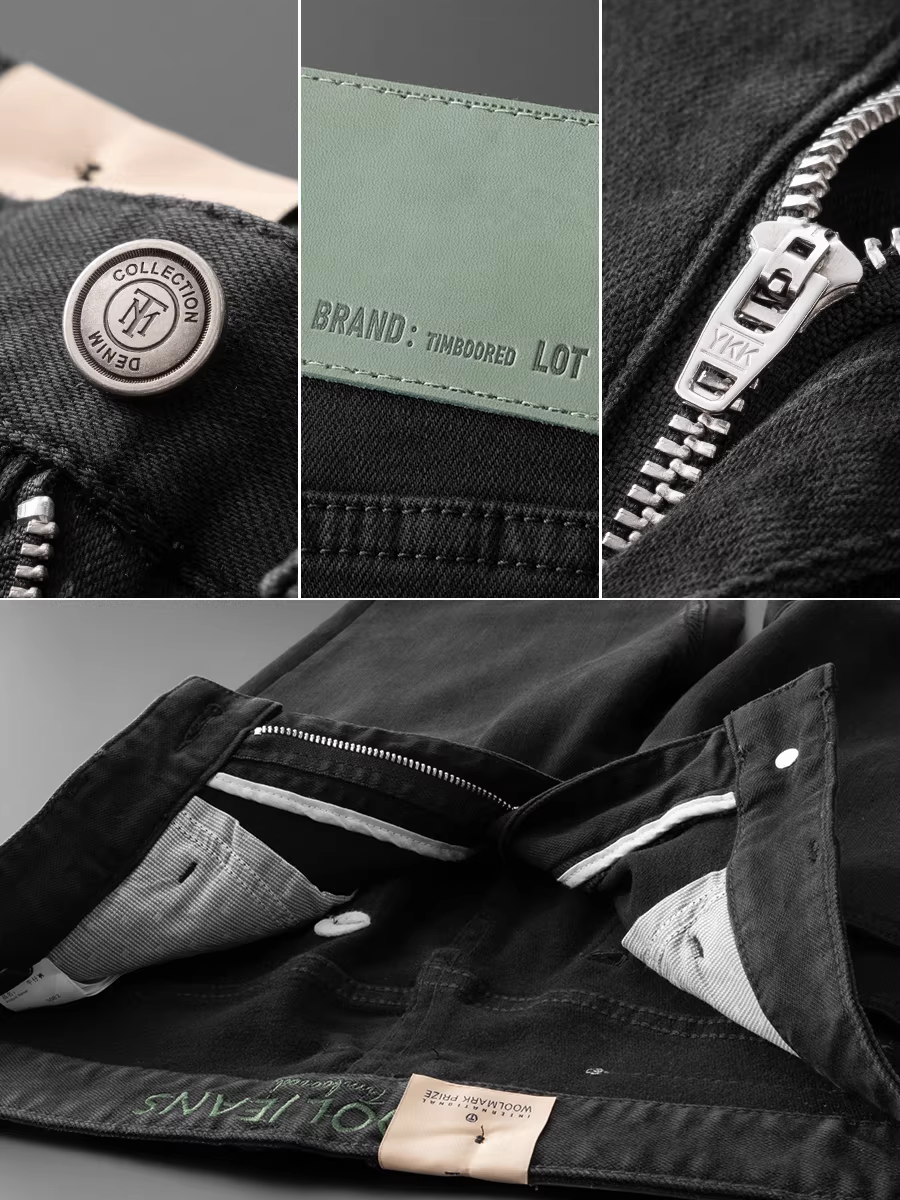 Quần jean nam chất liệu len pha, màu đen tuyền, dáng thẳng, rộng rãi, mềm mại, co giãn và dày dặn, thích hợp cho mùa thu đông.