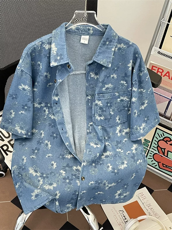 Áo sơ mi denim kiểu cổ điển Nhật Bản dành cho nam, áo sơ mi ngắn tay in hoa, áo khoác dáng rộng hợp thời trang mùa hè.
