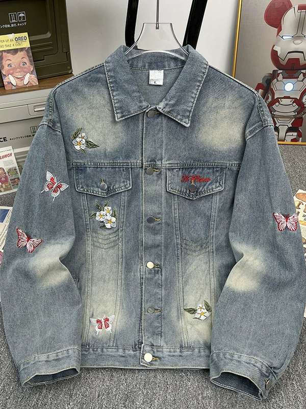 Áo khoác denim thêu hoa bướm dành cho nam, thương hiệu thời thượng, kiểu dáng xước và bạc màu, form rộng, phong cách Mỹ mùa xuân thu, áo khoác đôi.