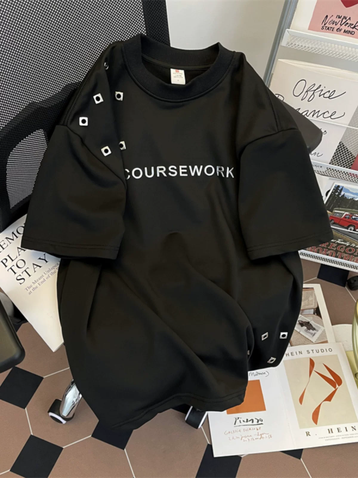 Áo thun nam tay ngắn thiết kế kim loại, chất liệu dày dặn, phong cách đường phố Mỹ, kiểu dáng rộng rãi thời trang mùa hè, áo đôi tay lửng.