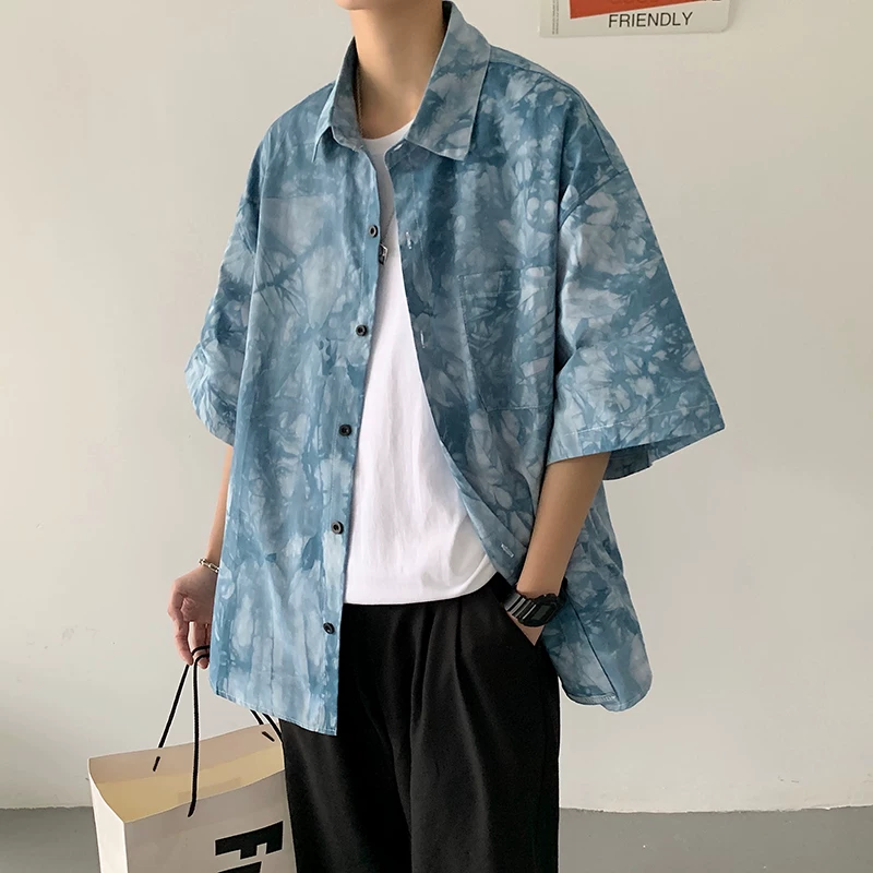 Áo sơ mi ngắn tay nhuộm màu cho nam, phong cách Hồng Kông, dáng rộng, áo sơ mi nửa tay, thời trang mùa hè Hàn Quốc, hợp thời trang, áo khoác thường ngày sành điệu.