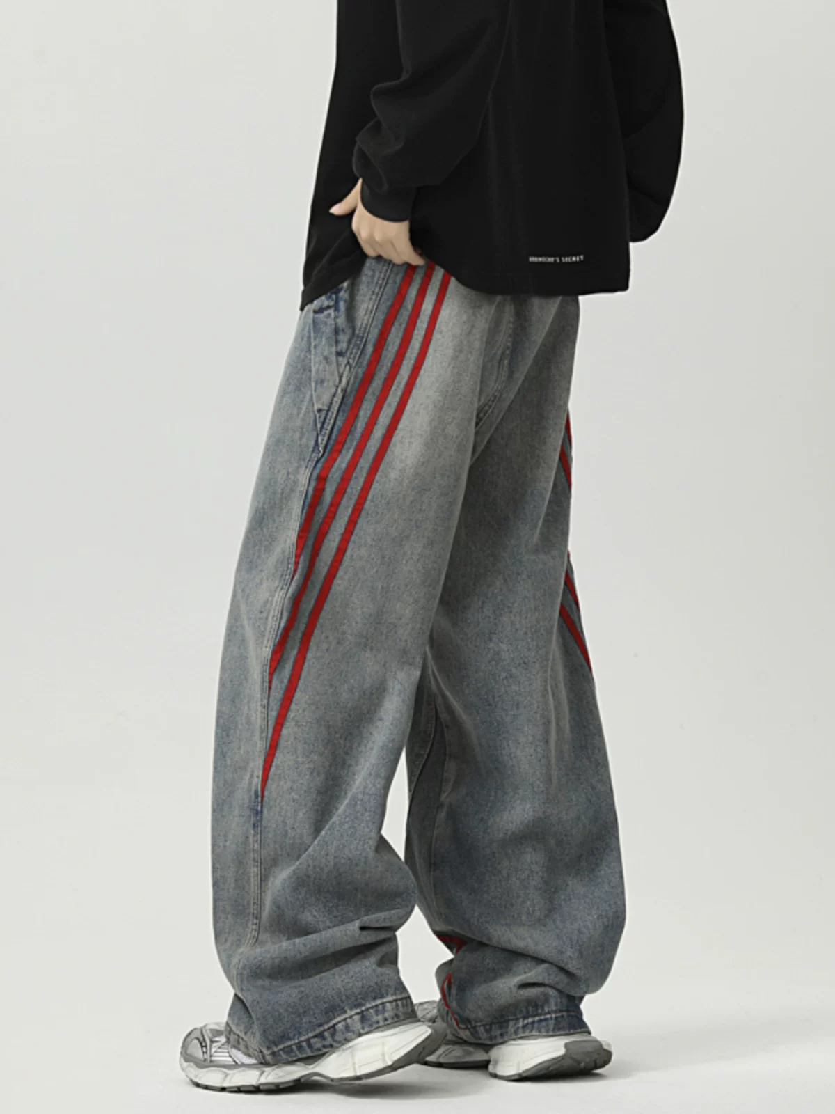 Quần jean sọc hip-hop nam, quần hiphop rách phong cách Mỹ thời thượng, quần ống rộng dài chạm đất đa năng mùa hè.